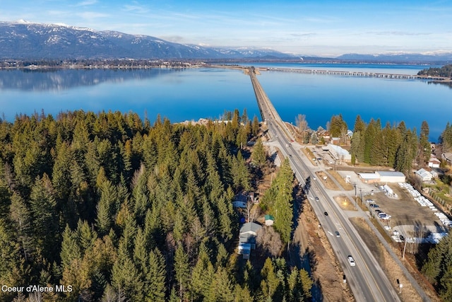 birds eye view of property featuring a water and mountain view