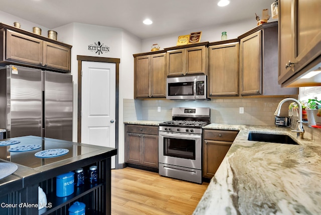 kitchen with light stone countertops, light wood finished floors, a sink, decorative backsplash, and appliances with stainless steel finishes