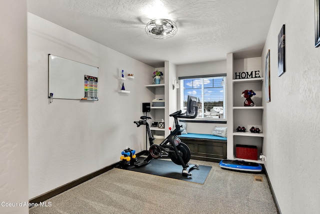 workout area with carpet, baseboards, a textured wall, and a textured ceiling