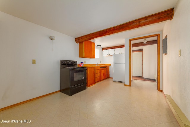 kitchen featuring beam ceiling, electric range, white fridge, and sink