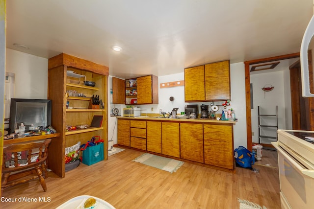 kitchen with range and light hardwood / wood-style floors