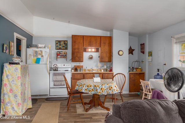 kitchen with vaulted ceiling, dark hardwood / wood-style flooring, white appliances, and sink