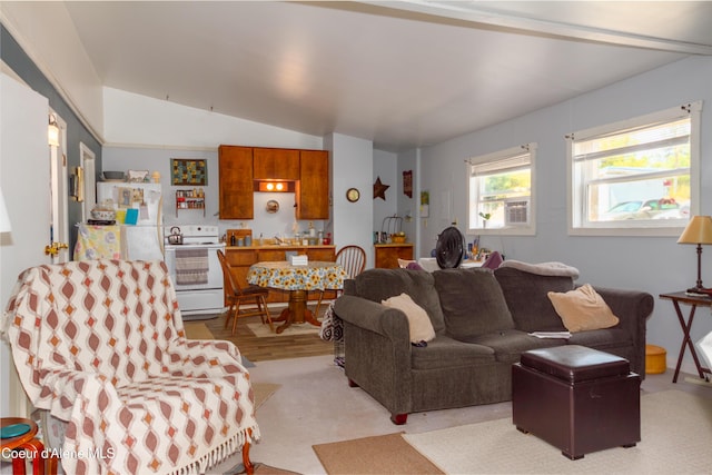 living room with vaulted ceiling and sink