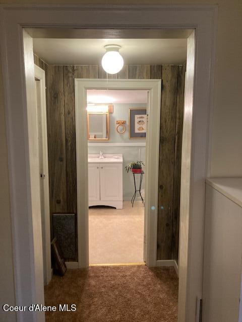 hall featuring sink, washing machine and clothes dryer, wood walls, and carpet flooring