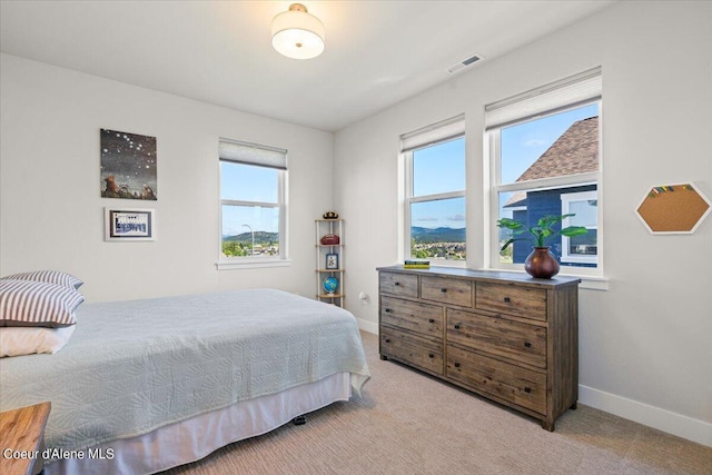 bedroom with light colored carpet and multiple windows