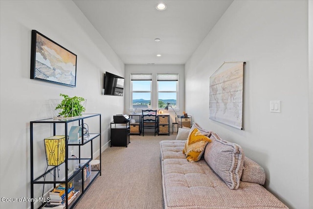 living room with light colored carpet