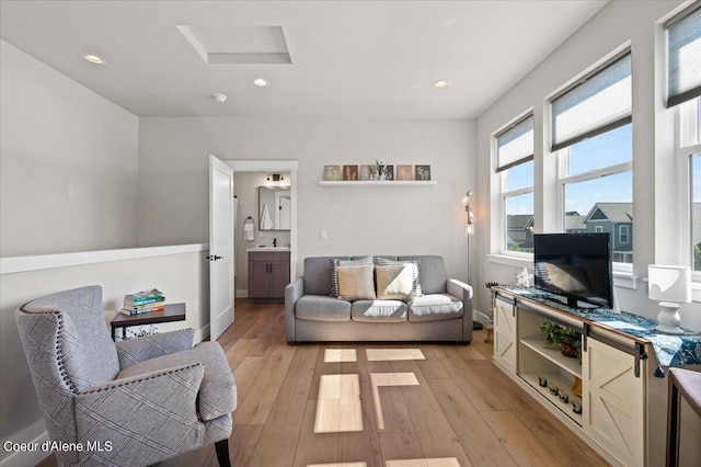 living room with light hardwood / wood-style floors and sink