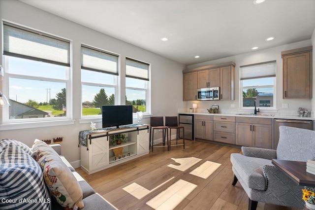 kitchen with light wood-type flooring, appliances with stainless steel finishes, and sink