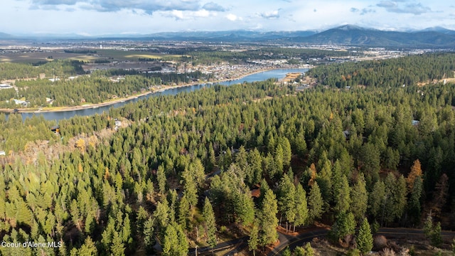 bird's eye view featuring a water and mountain view