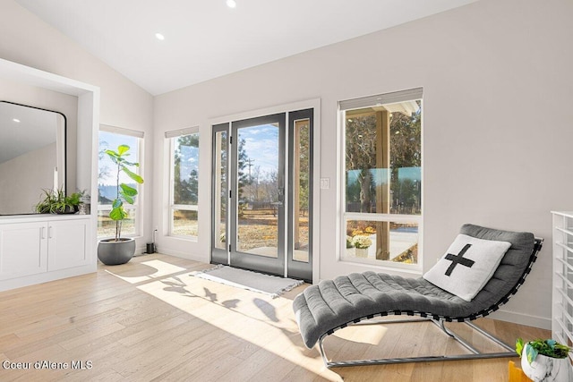 doorway to outside with lofted ceiling and light wood-type flooring