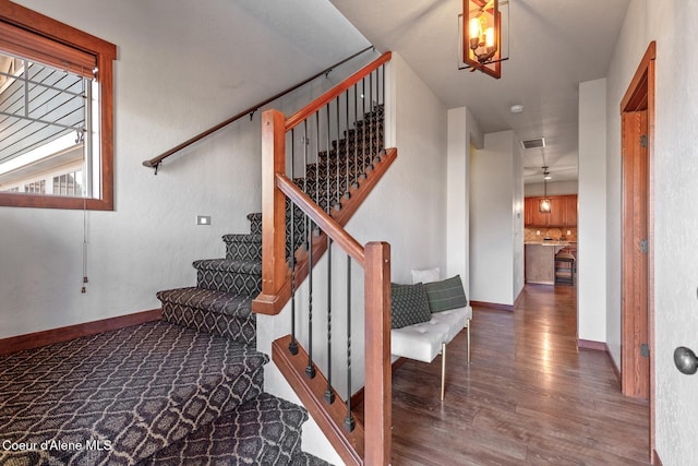 stairway with hardwood / wood-style floors