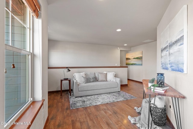 living room with dark hardwood / wood-style floors