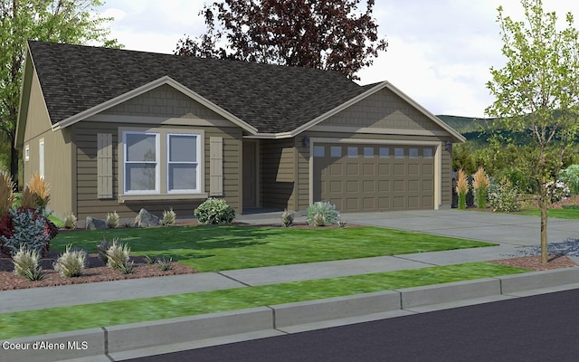 craftsman house featuring a garage and a front lawn