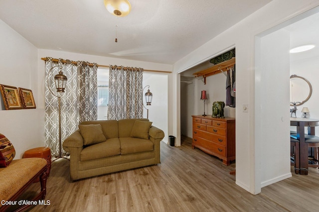 living room with a textured ceiling and light wood-type flooring