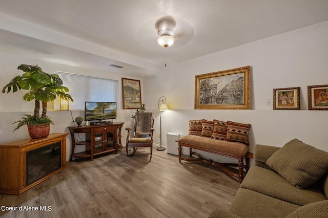 living room with ceiling fan and wood-type flooring