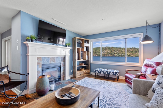 living room with a tiled fireplace and hardwood / wood-style floors