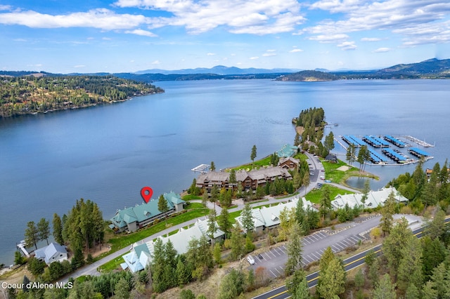 bird's eye view with a water and mountain view