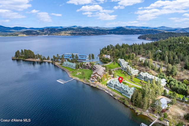 bird's eye view featuring a water and mountain view