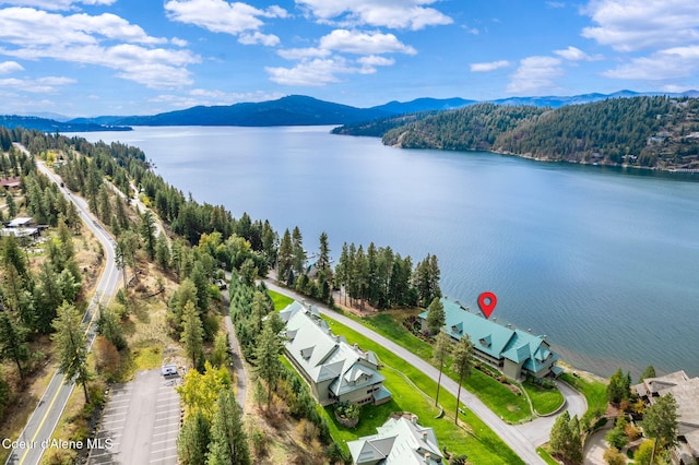 bird's eye view with a water and mountain view