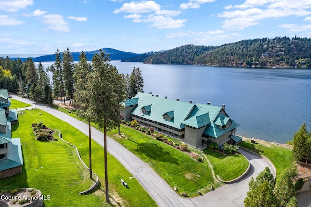 birds eye view of property with a water and mountain view