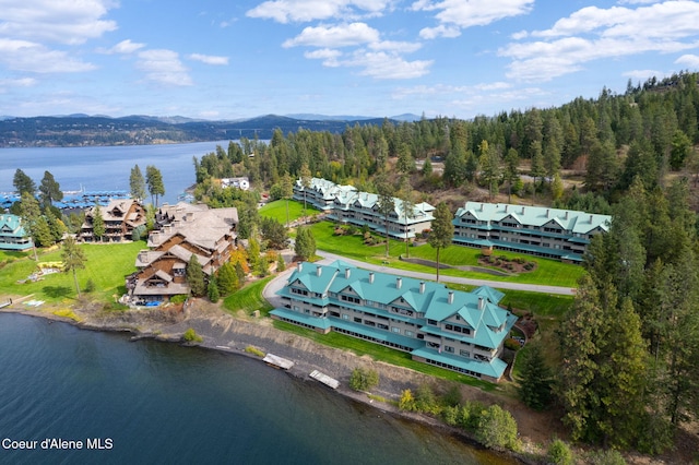 drone / aerial view featuring a water view