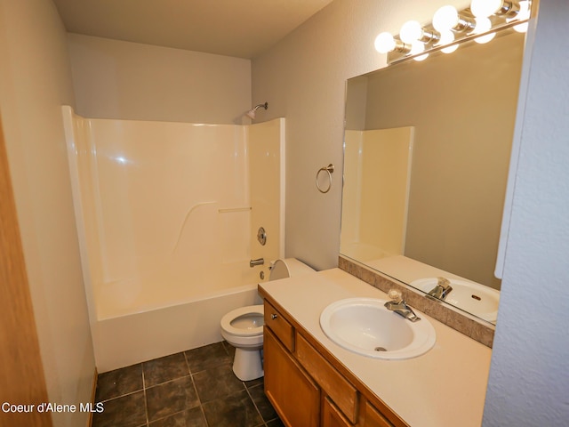 full bathroom with tile patterned floors, toilet, vanity, and shower / washtub combination