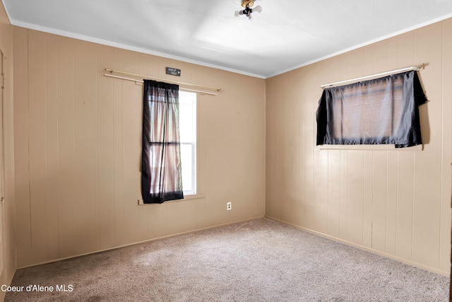 carpeted spare room featuring wood walls and crown molding