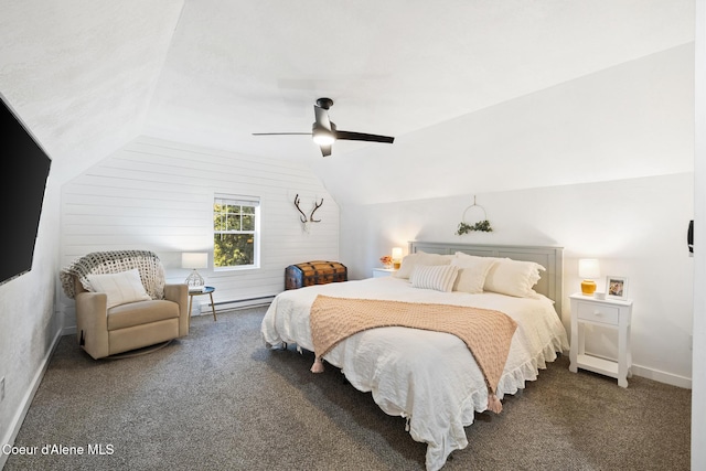 bedroom with lofted ceiling, baseboard heating, ceiling fan, and dark colored carpet