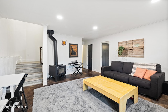 living room with a wood stove