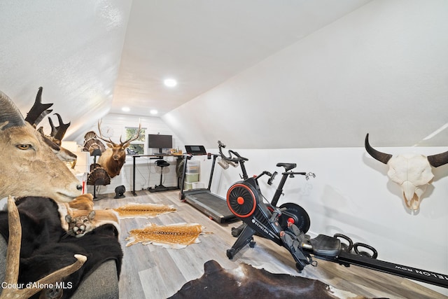 exercise room featuring light hardwood / wood-style floors and vaulted ceiling