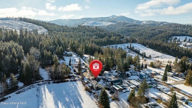 snowy aerial view with a mountain view