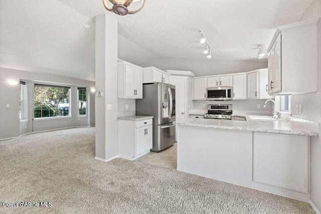 kitchen featuring white cabinetry, light carpet, stainless steel appliances, and vaulted ceiling