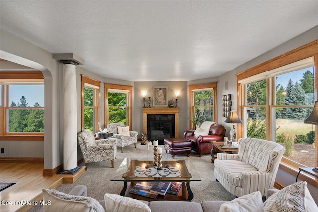 living room with a textured ceiling and light hardwood / wood-style flooring