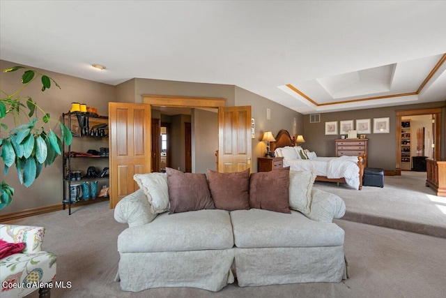 carpeted living room featuring a raised ceiling