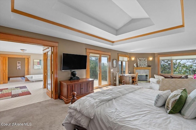 bedroom featuring a tray ceiling, access to outside, and light carpet