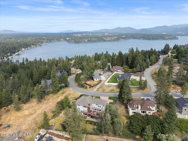 bird's eye view featuring a water and mountain view