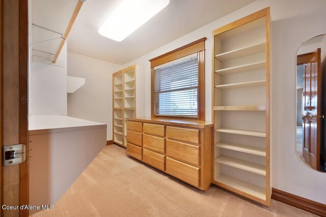 spacious closet featuring light carpet and arched walkways
