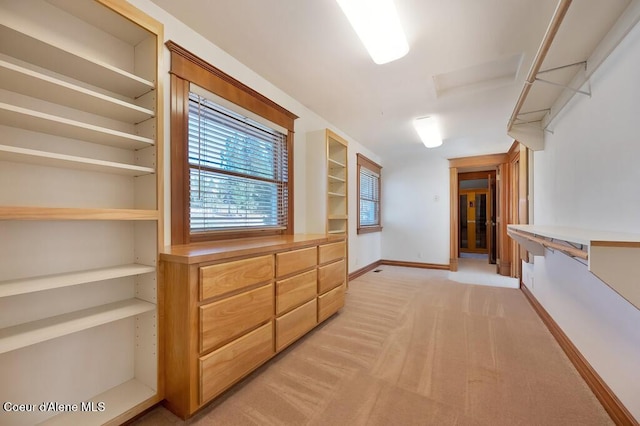 walk in closet featuring light carpet