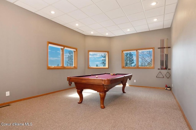 rec room with baseboards, carpet flooring, pool table, and a healthy amount of sunlight