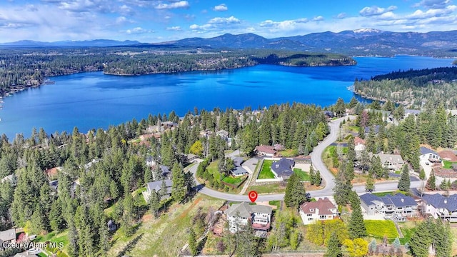 birds eye view of property with a forest view and a water and mountain view