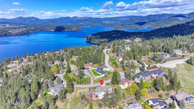 aerial view with a view of trees and a water and mountain view