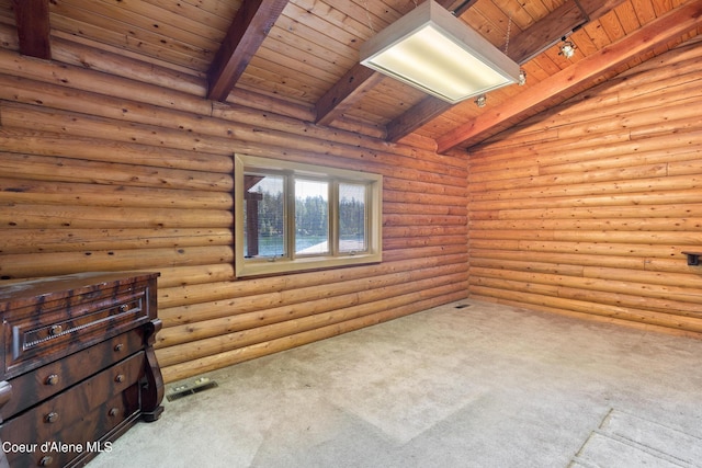 interior space featuring rustic walls, wood ceiling, lofted ceiling with beams, and light carpet