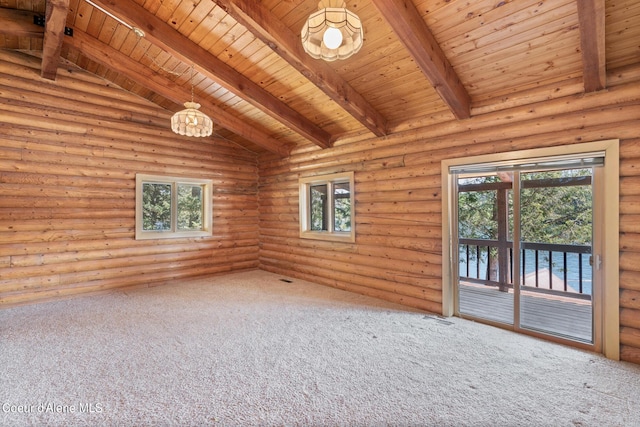 carpeted spare room with a notable chandelier, wooden ceiling, log walls, and vaulted ceiling with beams