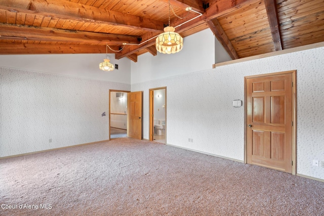 empty room featuring carpet floors, high vaulted ceiling, beam ceiling, and wood ceiling