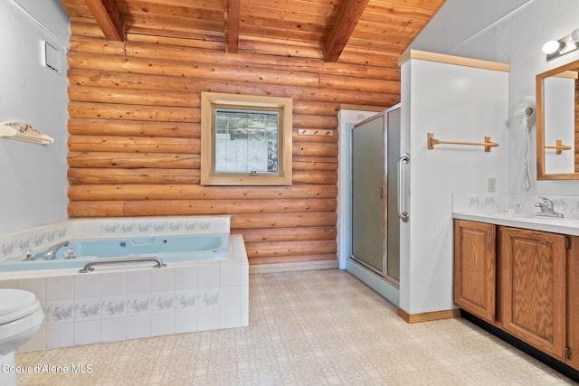 full bathroom with wooden ceiling, toilet, log walls, vanity, and shower with separate bathtub