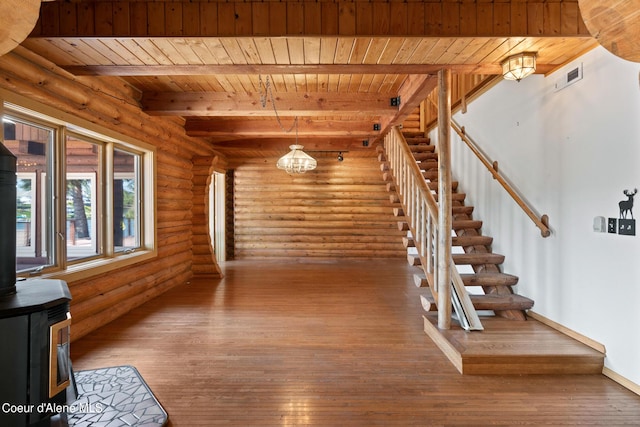 interior space with wood ceiling, hardwood / wood-style floors, log walls, a wood stove, and beam ceiling