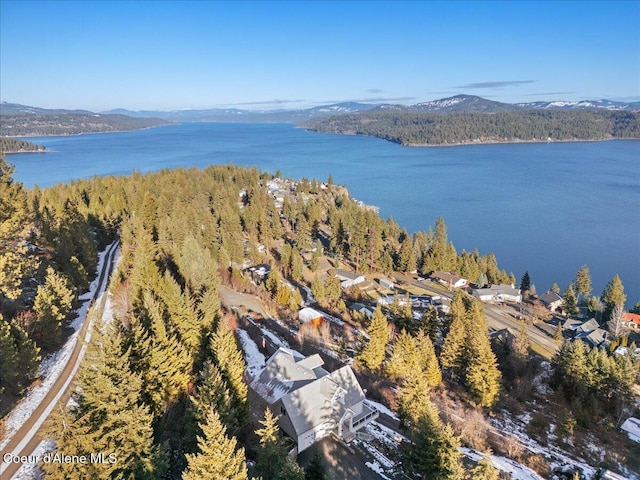 drone / aerial view featuring a water and mountain view