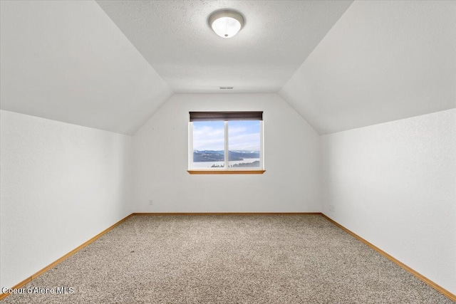 additional living space with a textured ceiling, lofted ceiling, and carpet flooring