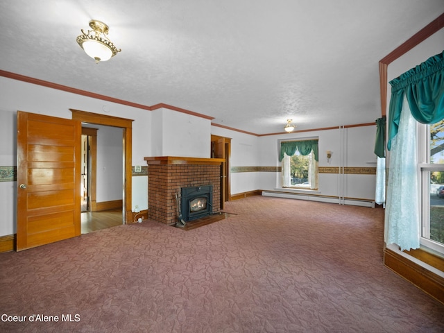 unfurnished living room featuring a textured ceiling, baseboard heating, crown molding, and carpet floors