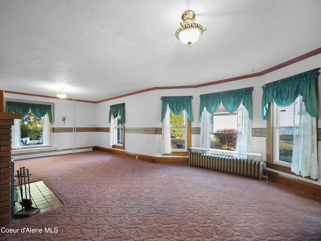 interior space featuring ornamental molding, a baseboard radiator, radiator, and carpet